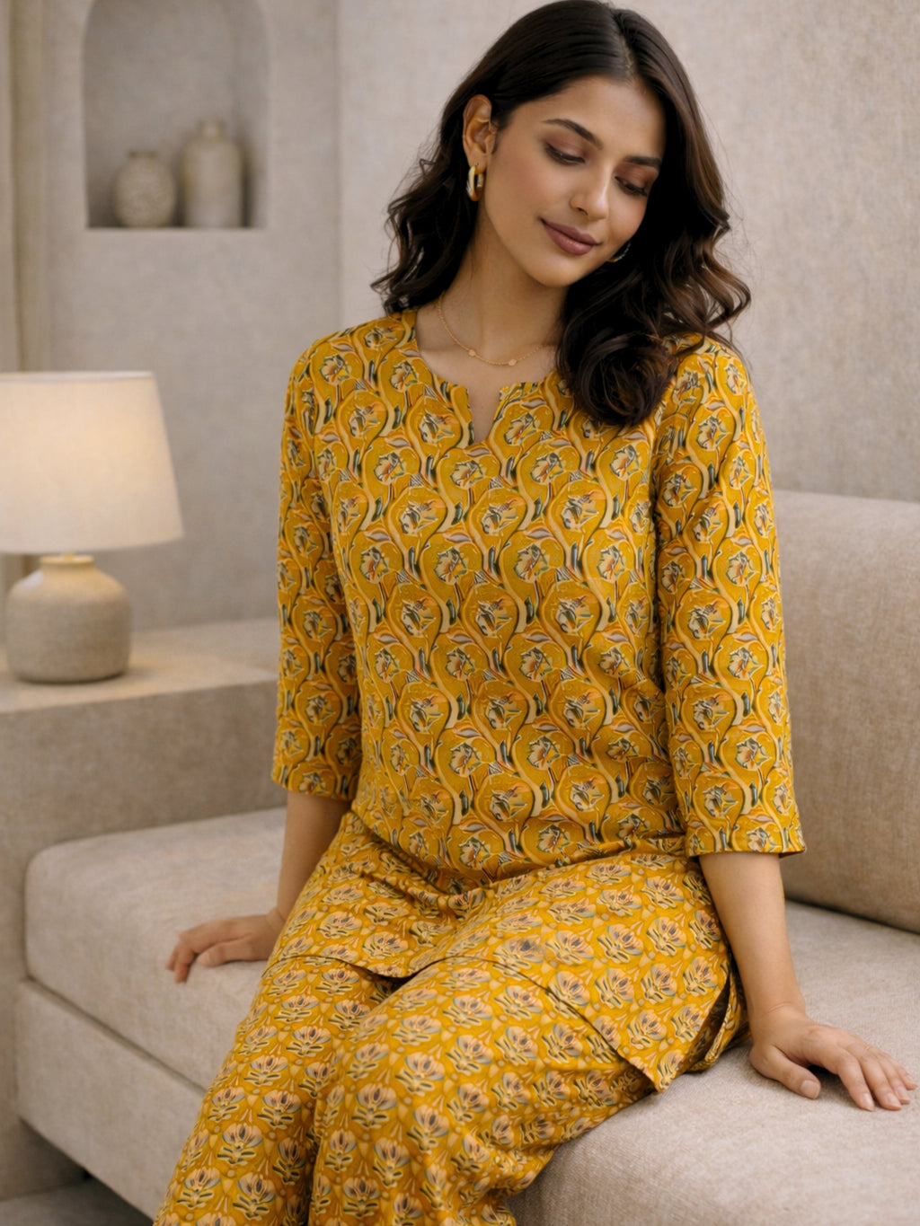 Yellow Petal Drift Pure Cotton round neck Women's Co-ord Set for Summer