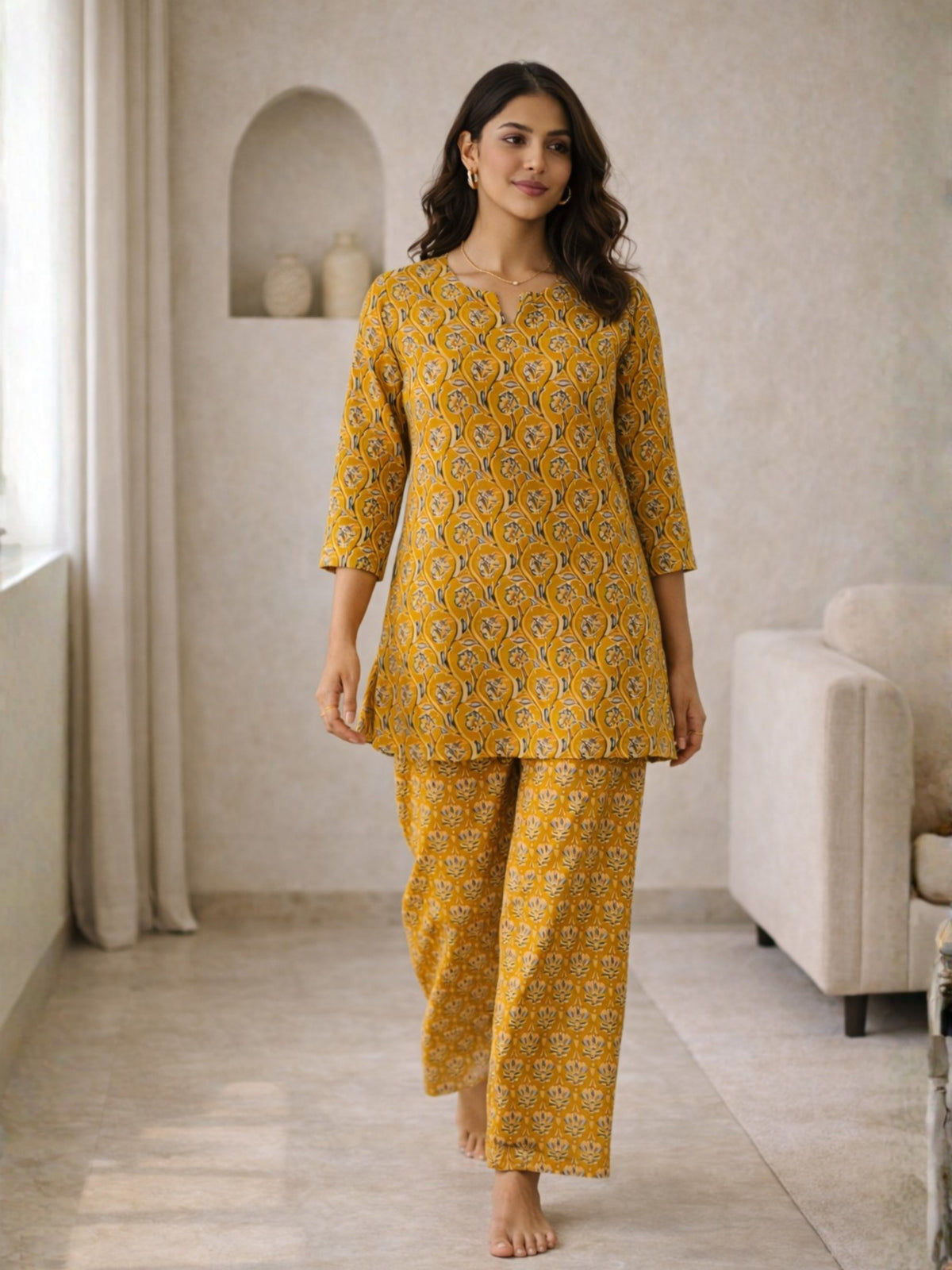 Yellow Petal Drift Pure Cotton round neck Women's Co-ord Set for Summer