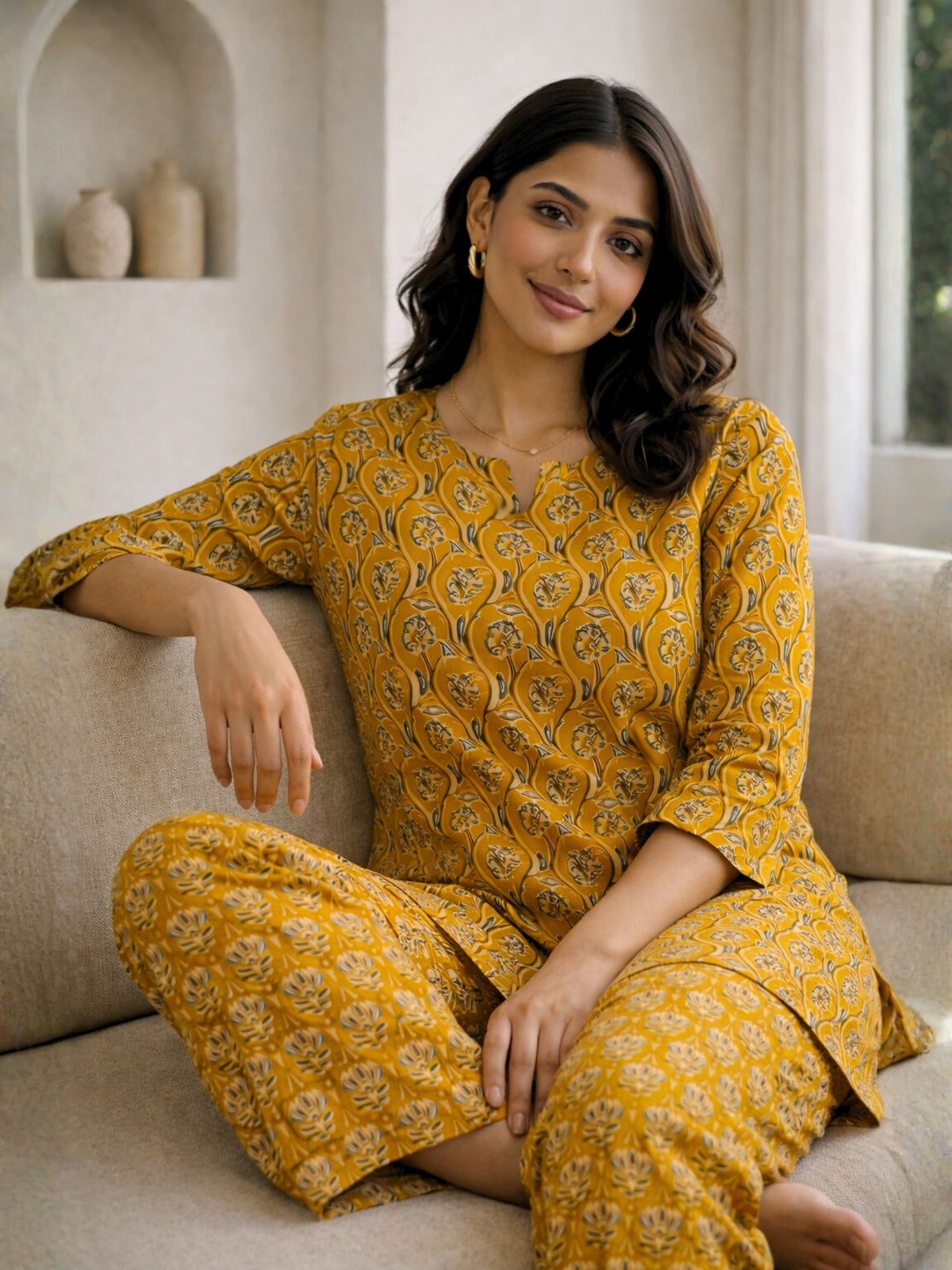 Yellow Petal Drift Pure Cotton round neck Women's Co-ord Set for Summer