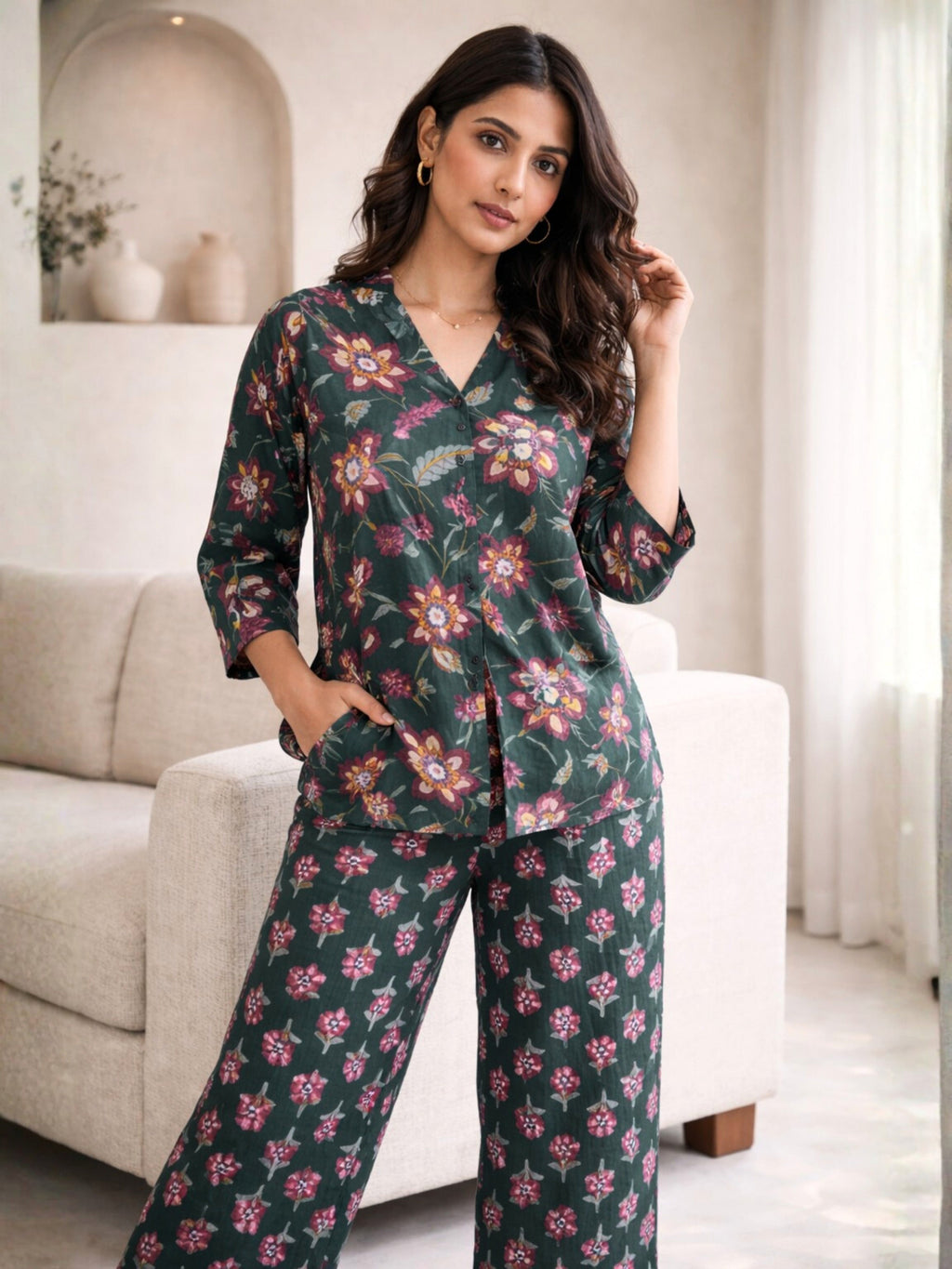Emerald Muse Pure Cotton Women's Back Pleated Co-ord Set