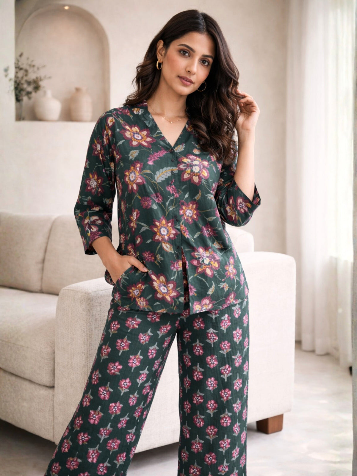 Emerald Muse Pure Cotton Women's Back Pleated Co-ord Set