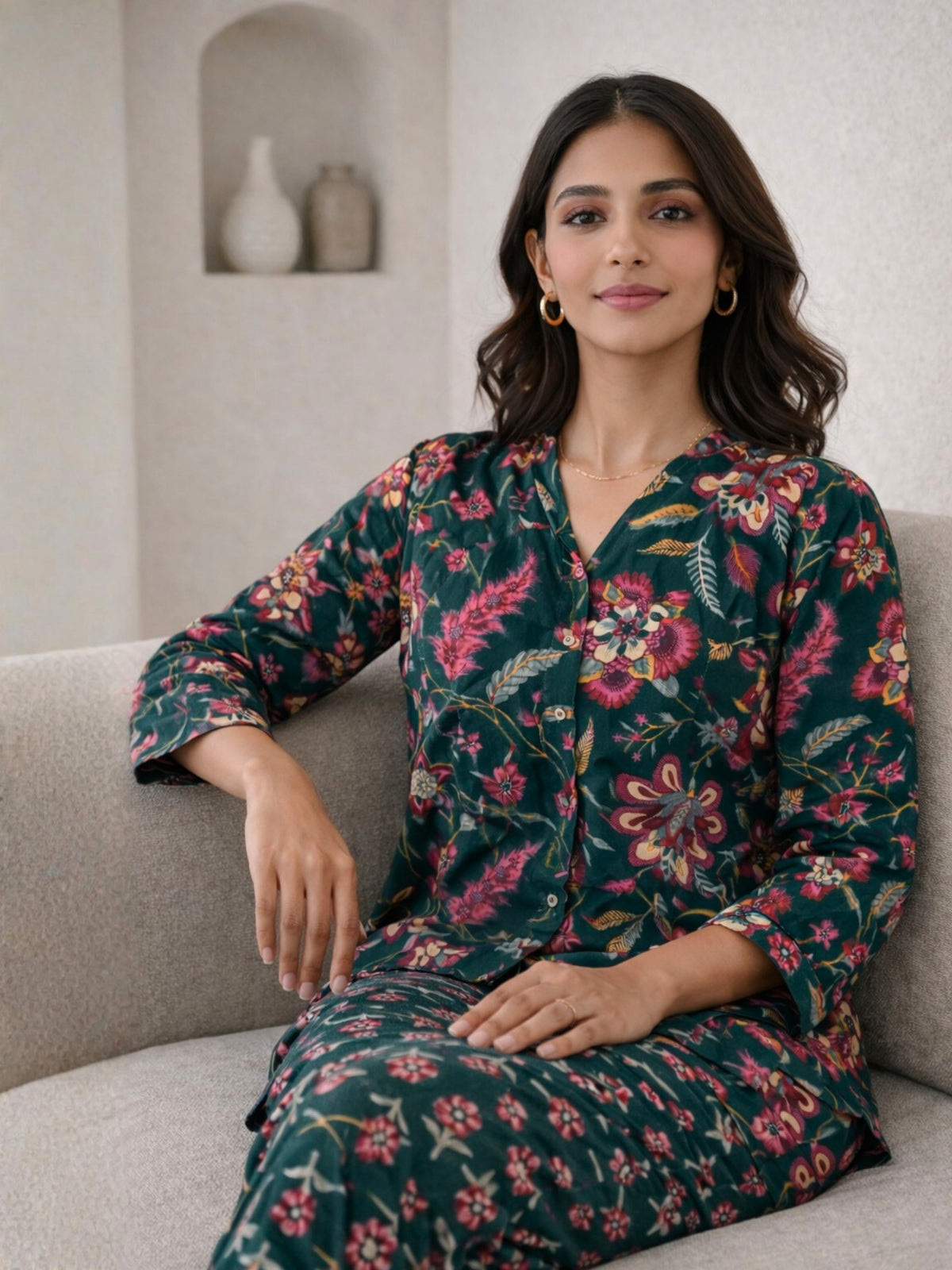 Emerald Muse Pure Cotton Women's Back Pleated Co-ord Set