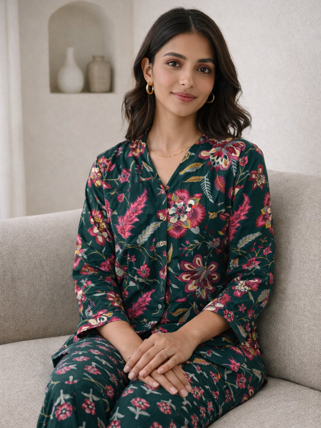 Emerald Muse Pure Cotton Women's Back Pleated Co-ord Set