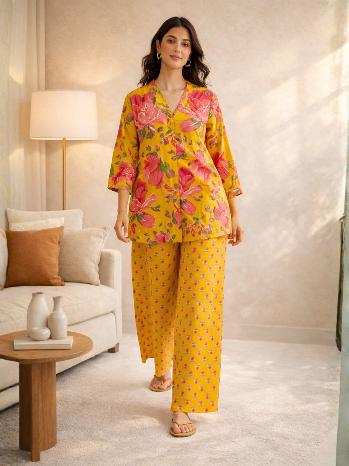 Yellow Phoolkari Pure Cotton Women's Back Pleated Co-ord Set