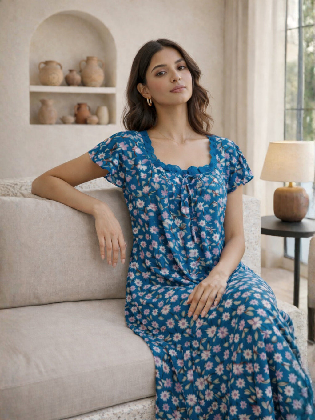 Teal Floral Pure Cotton Women's Night Maxi Dress