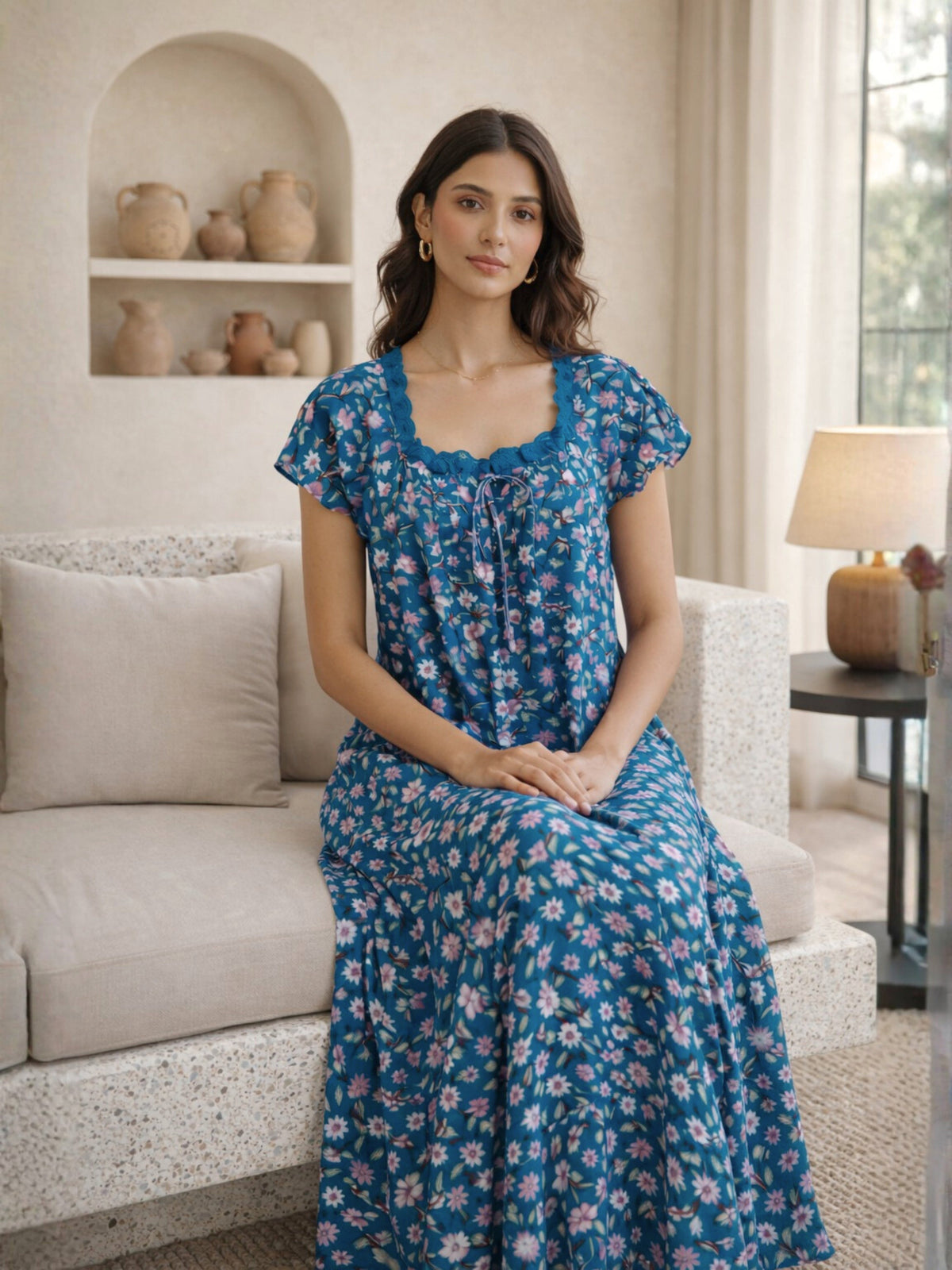Teal Floral Pure Cotton Women's Night Maxi Dress