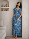 Teal Floral Pure Cotton Women's Night Maxi Dress