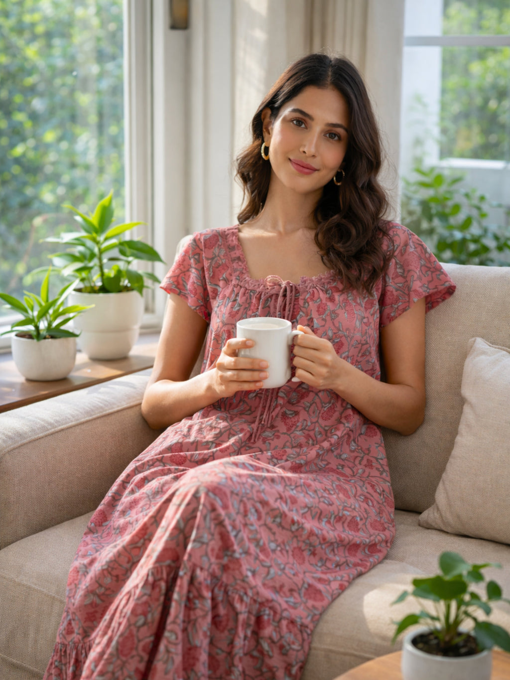 Peach Petal Pure Cotton Women's Night Maxi Dress