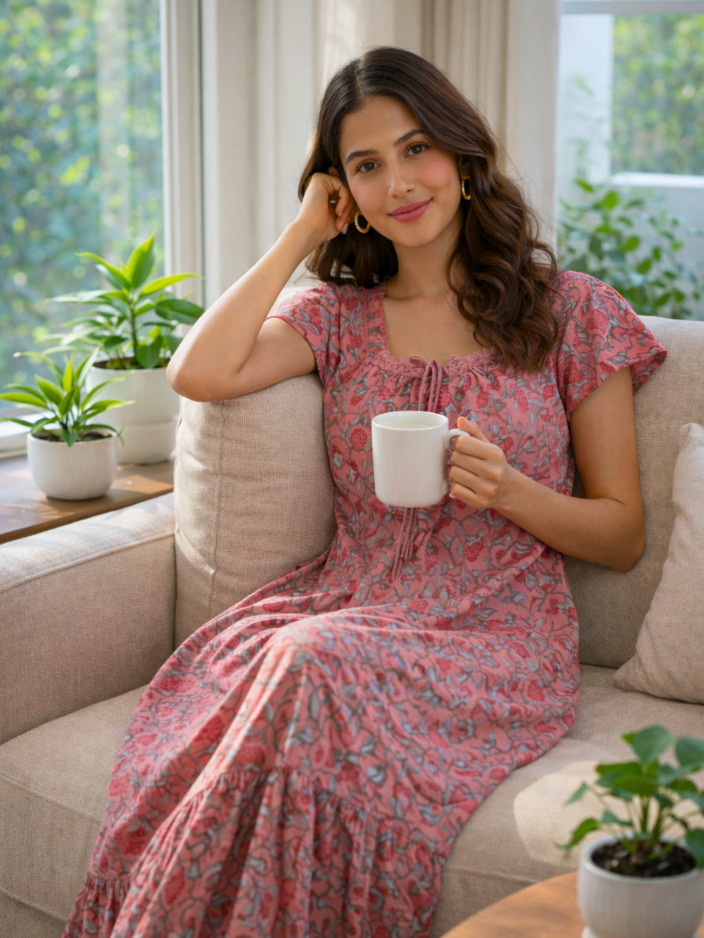 Peach Petal Pure Cotton Women's Night Maxi Dress